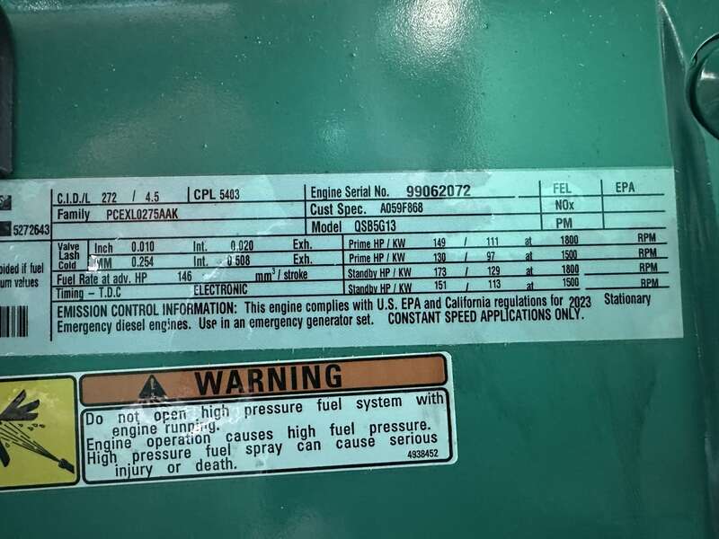 New Cummins C100D6C QSB5-G13 Diesel Generator, EPA Tier 3 - Single Phase
