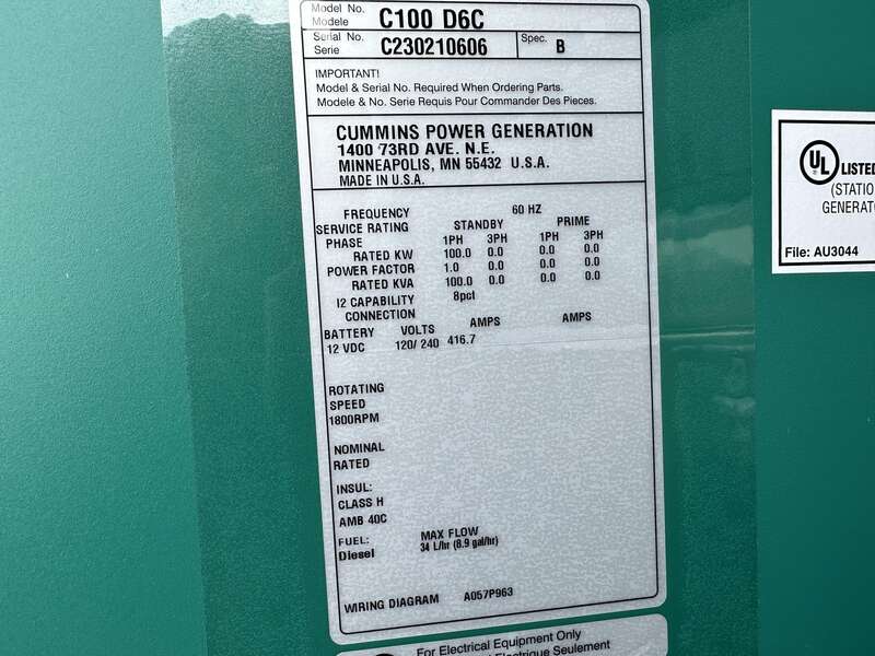 New Cummins C100D6C QSB5-G13 Diesel Generator, EPA Tier 3 - Single Phase