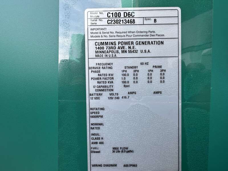 New Cummins C100D6C QSB5-G13 Diesel Generator, EPA Tier 3 - Single Phase