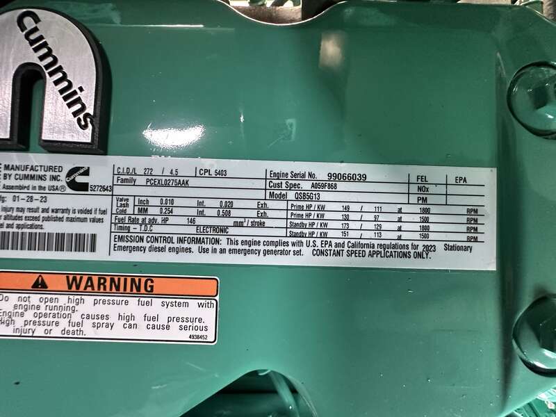 New Cummins C100D6C QSB5-G13 Diesel Generator, EPA Tier 3 - Single Phase