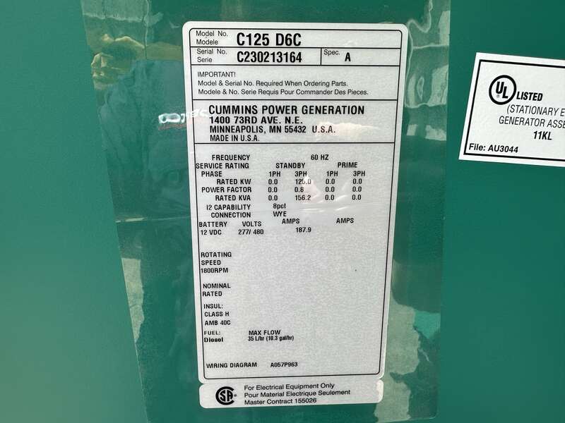 New Cummins C125D6C QSB5-G6 NR3 Diesel Generator, EPA Tier 3