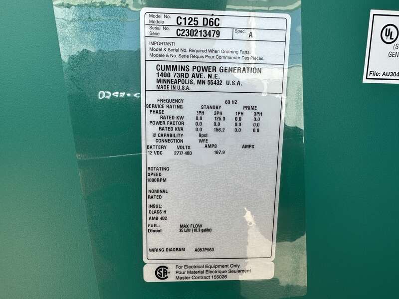 New Cummins C125D6C QSB5-G6 NR3 Diesel Generator, EPA Tier 3