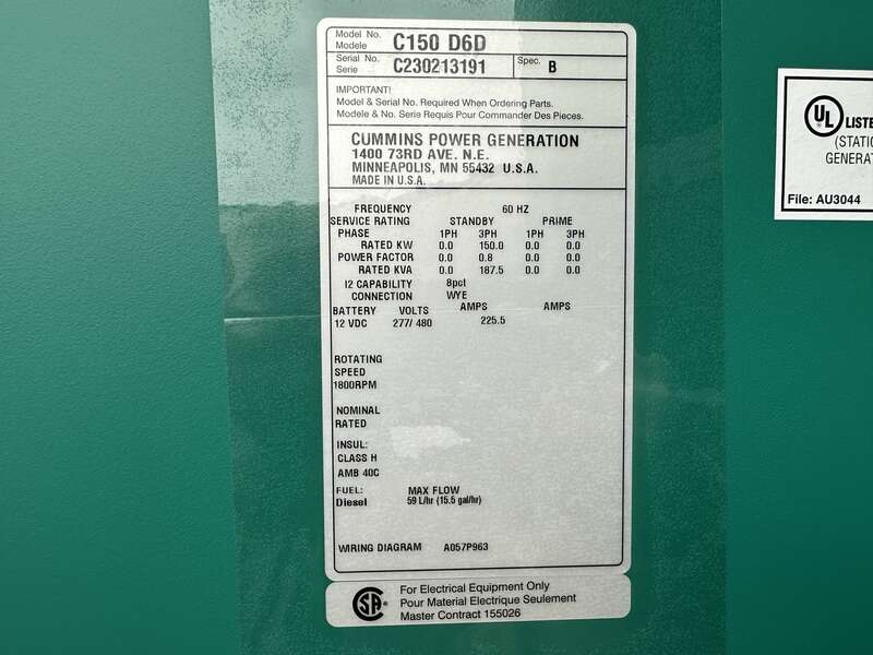New Cummins C150D6D QSB7-G5 NR3 Diesel Generator, EPA Tier 3