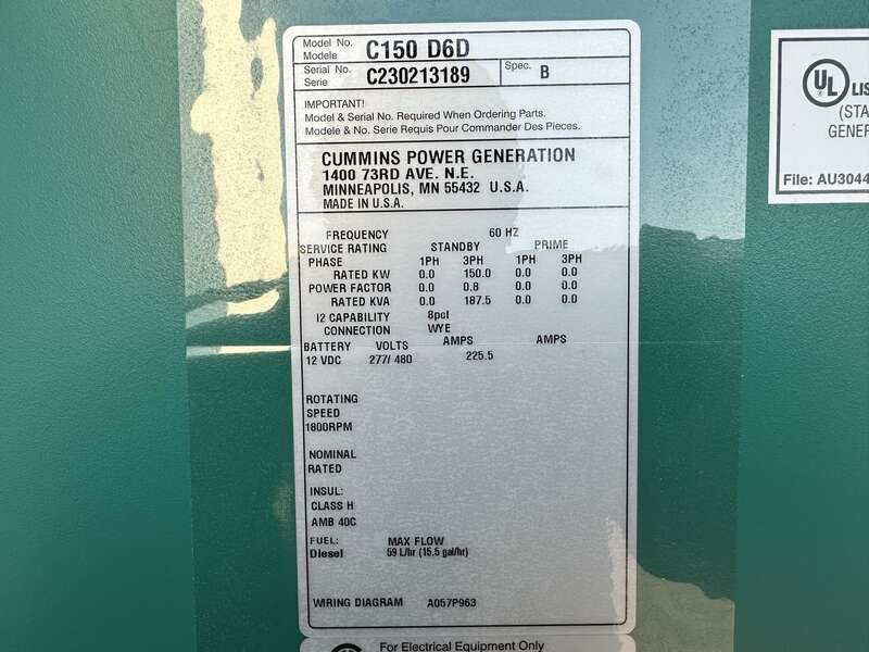 New Cummins C150D6D QSB7-G5 NR3 Diesel Generator, EPA Tier 3