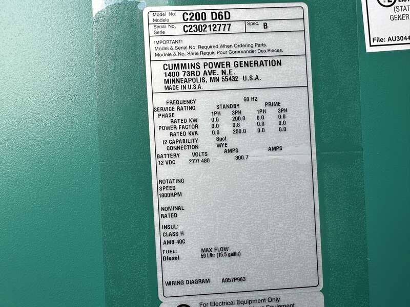 New Cummins C200D6D QSB7-G5 NR3 Diesel Generator, EPA Tier 3