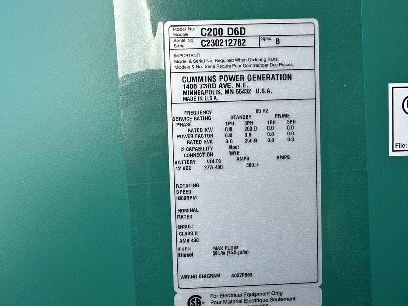 New Cummins C200D6D QSB7-G5 NR3 Diesel Generator, EPA Tier 3