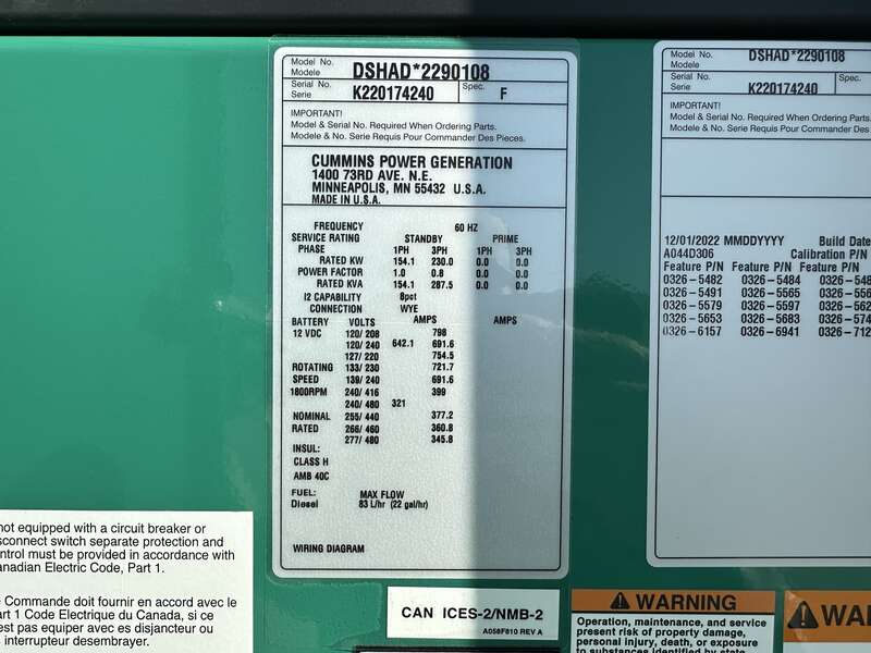 New Cummins DSHAD QSL9-G2 NR3 Diesel Generator EPA Tier 3