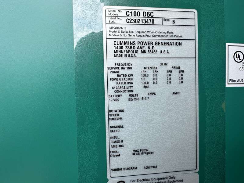 New Cummins C100D6C QSB5-G13 Diesel Generator, EPA Tier 3 - Single Phase