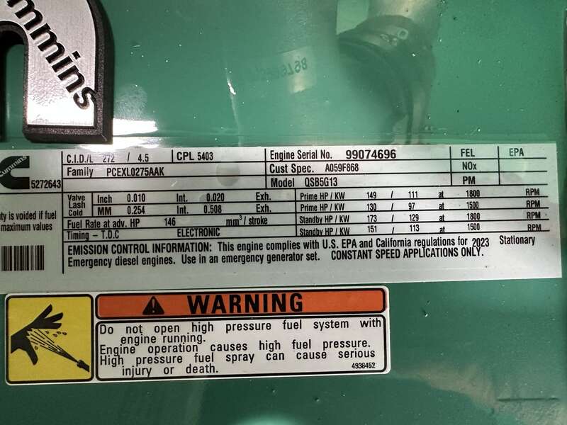 New Cummins C100D6C QSB5-G13 Diesel Generator, EPA Tier 3 - Single Phase
