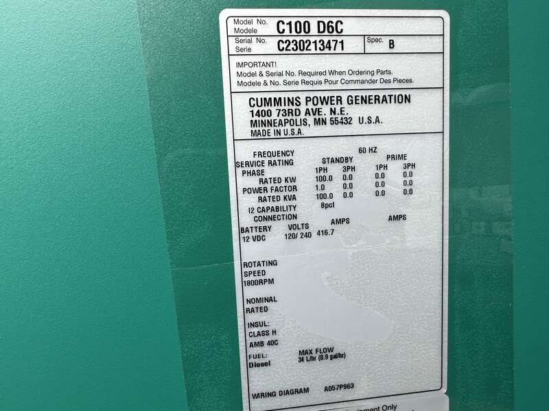 New Cummins C100D6C QSB5-G13 Diesel Generator, EPA Tier 3 - Single Phase