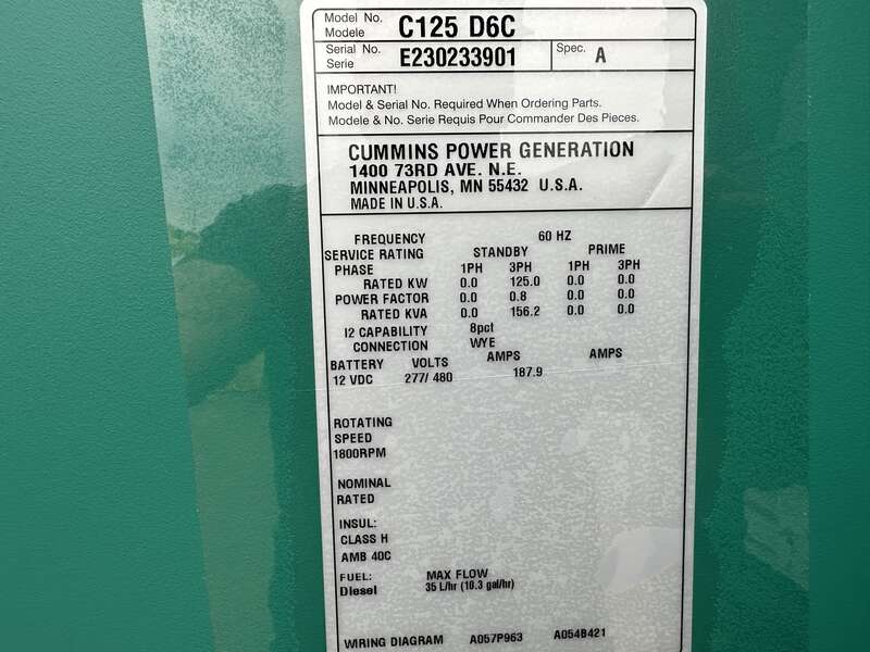 New Cummins C125D6C QSB5-G6 NR3 Diesel Generator, EPA Tier 3