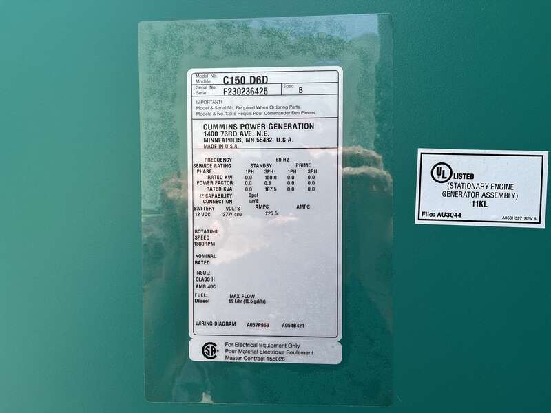 New Cummins C150D6D QSB7-G5 NR3 Diesel Generator, EPA Tier 3