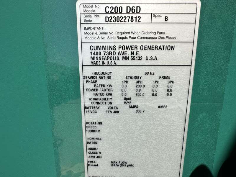 New Cummins C200D6D QSB7-G5 NR3 Diesel Generator, EPA Tier 3