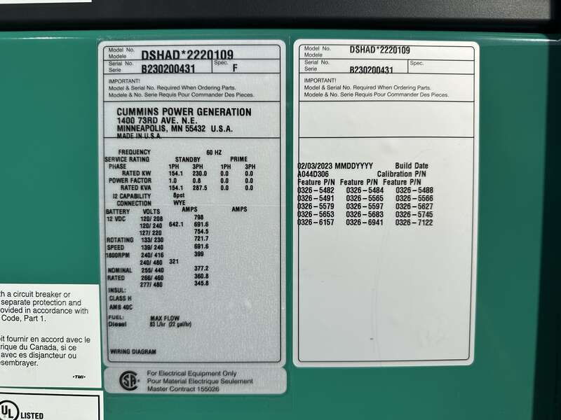 New Cummins DSHAD QSL9-G2 NR3 Diesel Generator EPA Tier 3