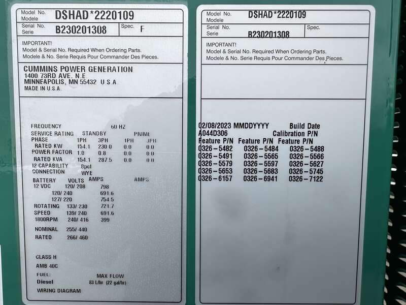 New Cummins DSHAD QSL9-G2 NR3 Diesel Generator EPA Tier 3
