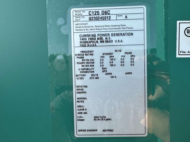 New Cummins C125D6C QSB5-G6 NR3 Diesel Generator, EPA Tier 3