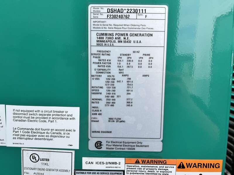 New Cummins DSHAD QSL9-G2 NR3 Diesel Generator EPA Tier 3