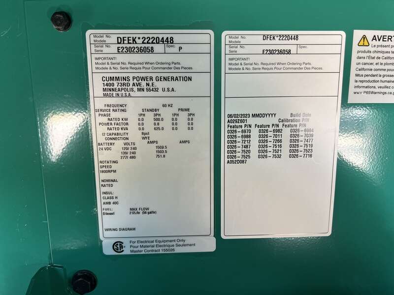 New Cummins DFEK QSX15-G9 Diesel Generator EPA Tier 2