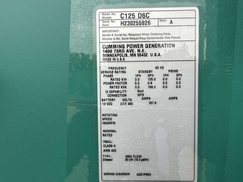 New Cummins C125D6C QSB5-G6 NR3 Diesel Generator, EPA Tier 3