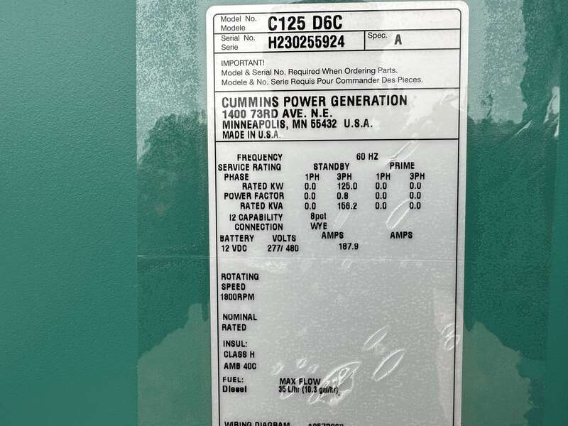 New Cummins C125D6C QSB5-G6 NR3 Diesel Generator, EPA Tier 3