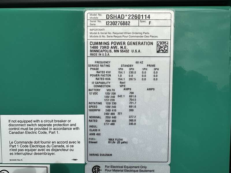 New Cummins DSHAD QSL9-G2 NR3 Diesel Generator EPA Tier 3