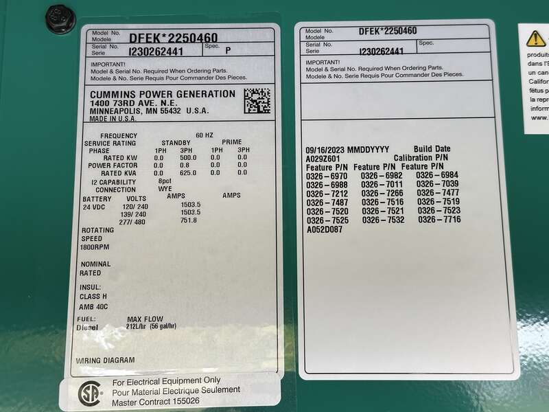 New Cummins DFEK QSX15-G9 Diesel Generator EPA Tier 2
