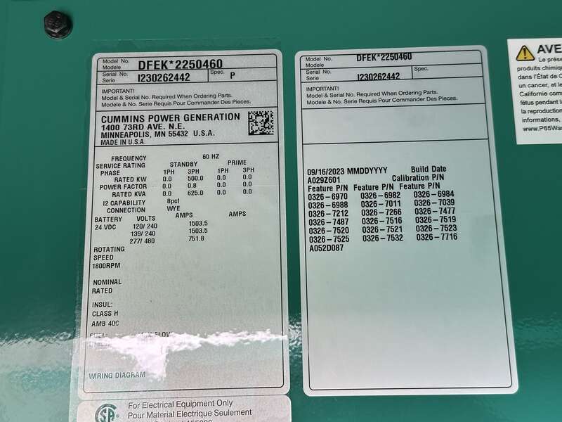 New Cummins DFEK QSX15-G9 Diesel Generator EPA Tier 2