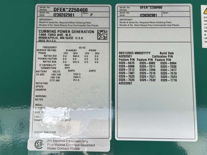 New Cummins DFEK QSX15-G9 Diesel Generator EPA Tier 2