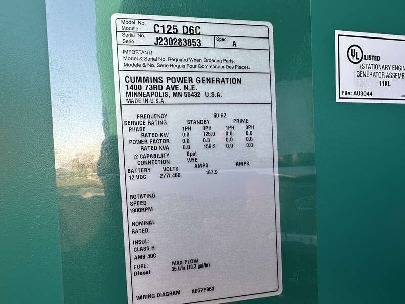 New Cummins C125D6C QSB5-G6 NR3 Diesel Generator, EPA Tier 3