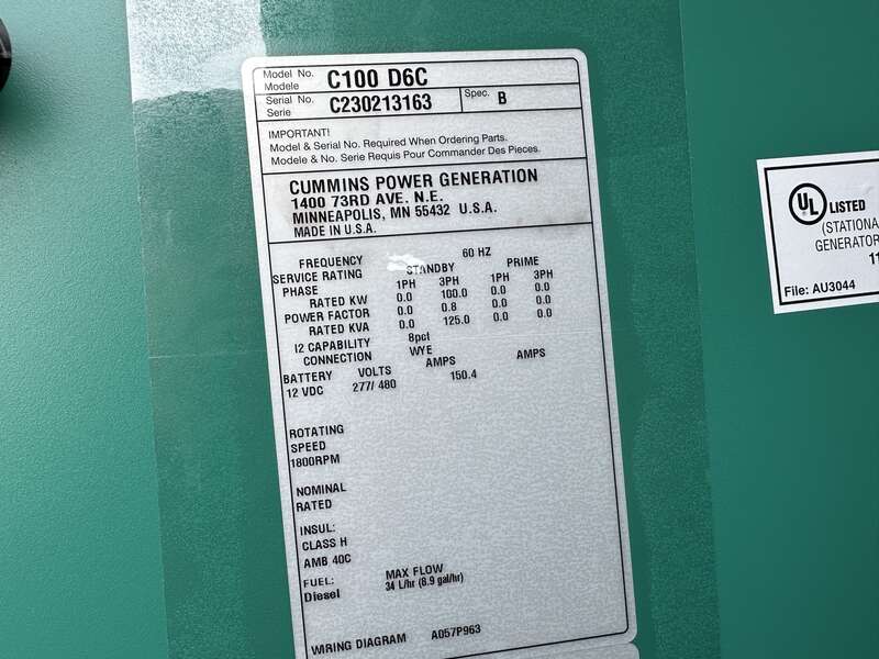 New Cummins C100D6C QSB5-G13 NR3 Diesel Generator, EPA Tier 3