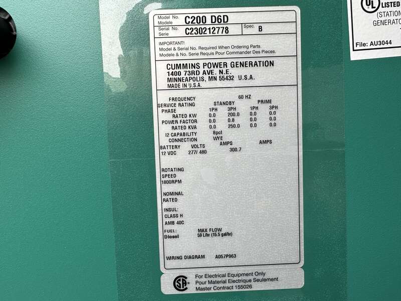New Cummins C200D6D QSB7-G5 NR3 Diesel Generator, EPA Tier 3