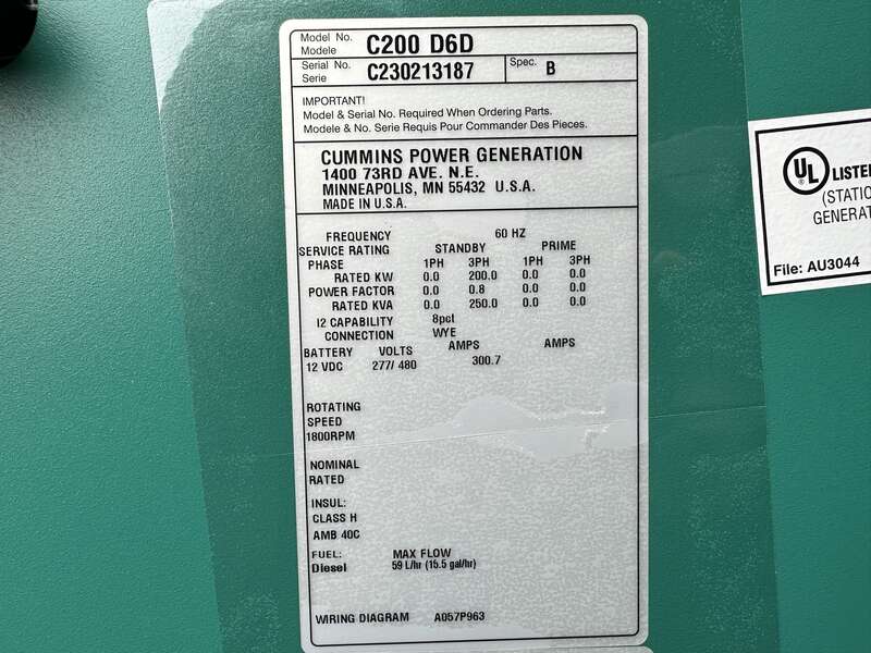 New Cummins C200D6D QSB7-G5 NR3 Diesel Generator, EPA Tier 3