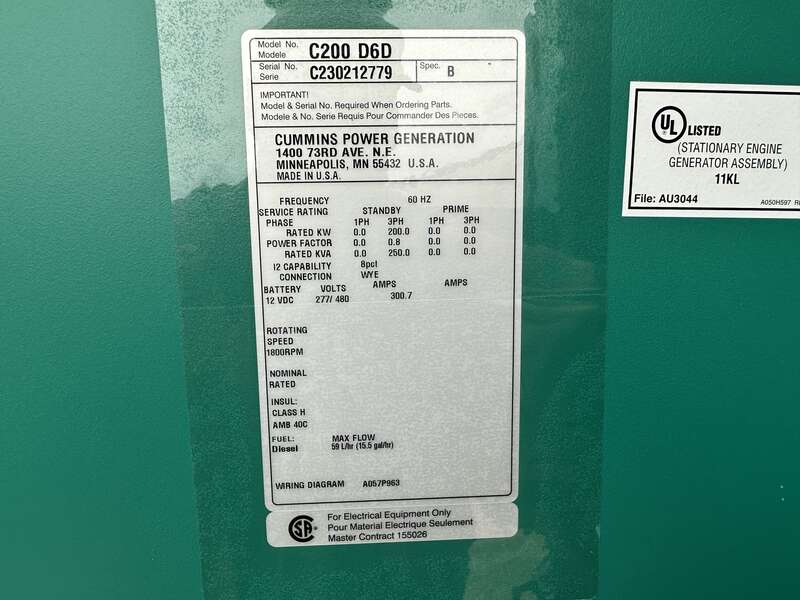 New Cummins C200D6D QSB7-G5 NR3 Diesel Generator, EPA Tier 3