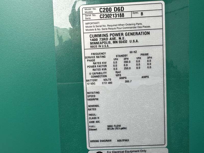 New Cummins C200D6D QSB7-G5 NR3 Diesel Generator, EPA Tier 3