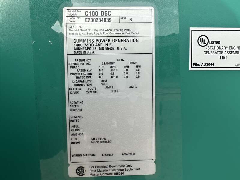 New Cummins C100D6C QSB5-G13 NR3 Diesel Generator, EPA Tier 3