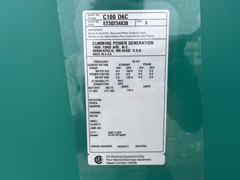 New Cummins C100D6C QSB5-G13 NR3 Diesel Generator, EPA Tier 3