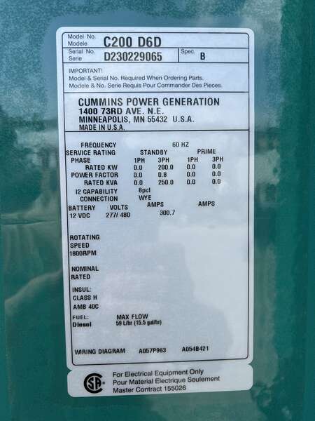 New Cummins C200D6D QSB7-G5 NR3 Diesel Generator, EPA Tier 3