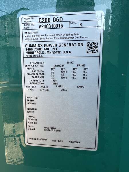 New Cummins C200D6D QSB7-G5 NR3 Diesel Generator, EPA Tier 3