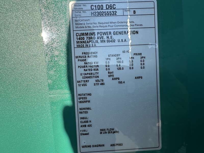 New Cummins C100D6C QSB5-G13 NR3 Diesel Generator, EPA Tier 3