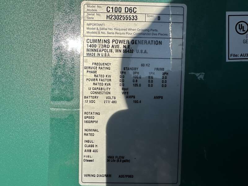 New Cummins C100D6C QSB5-G13 NR3 Diesel Generator, EPA Tier 3