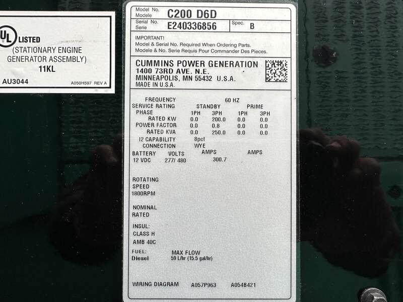 New Cummins C200D6D QSB7-G5 NR3 Diesel Generator, EPA Tier 3