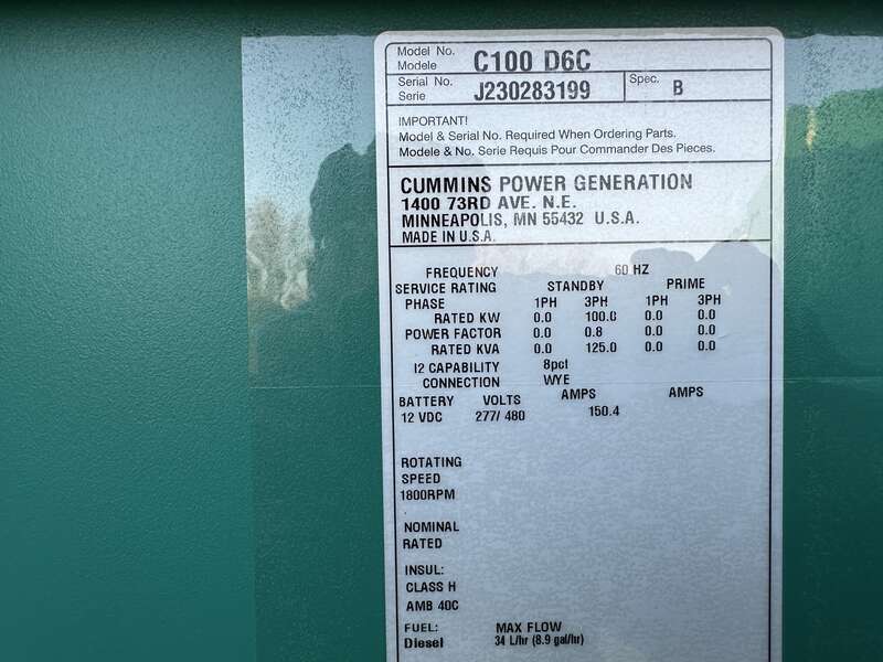 New Cummins C100D6C QSB5-G13 NR3 Diesel Generator, EPA Tier 3
