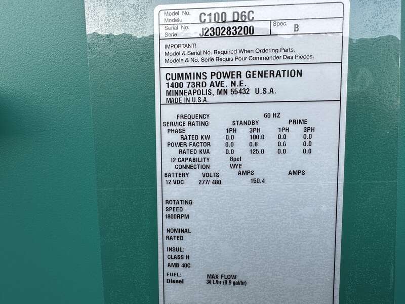 New Cummins C100D6C QSB5-G13 NR3 Diesel Generator, EPA Tier 3