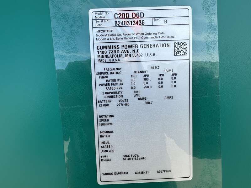 New Cummins C200D6D QSB7-G5 NR3 Diesel Generator, EPA Tier 3