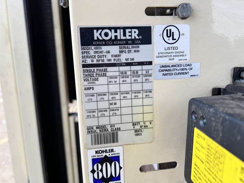 Used Kohler 100RZG Natural Gas / Propane Generator, 546 Hrs