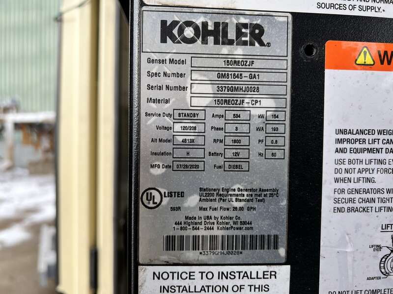 Used Kohler 150REOZJF Diesel Generator, 4561 Hrs, EPA Tier 3