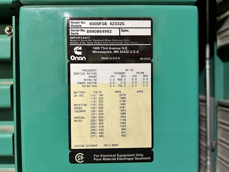 Used Cummins DFGB VTA28-G5 Diesel Generator, 228 Hrs