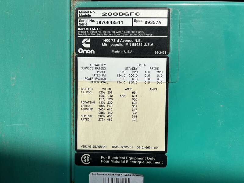 Used Cummins DGFC 6CTA8.3 Diesel Generator, 1101 Hours