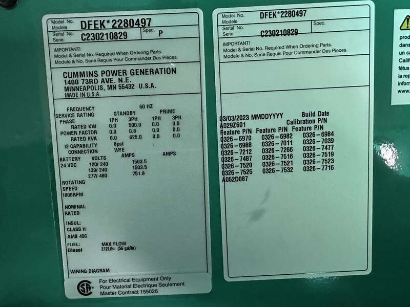 New Cummins DFEK QSX15-G9 Diesel Generator EPA Tier 2