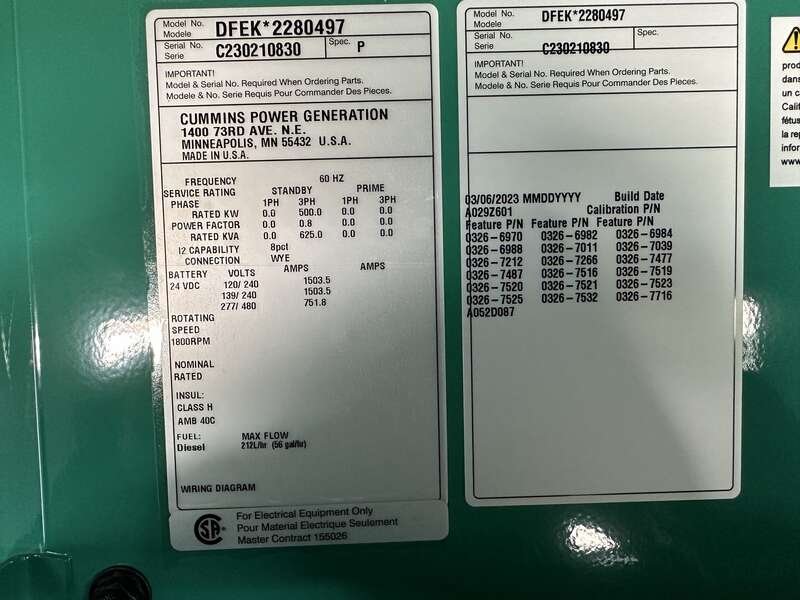 New Cummins DFEK QSX15-G9 Diesel Generator 0 Hrs EPA Tier 2